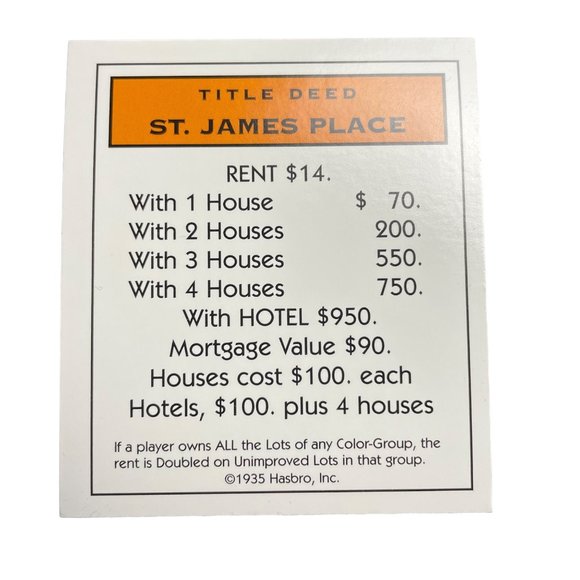 Monopoly Classic St James Place Property Title Deed Card Replacement  Replacemen - Picture 1 of 2